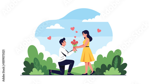 Romantic marriage proposal scene with a man on one knee offering a bouquet of roses to a woman in a beautiful park with heart symbols in the air.