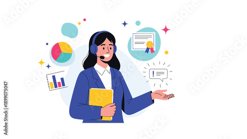Friendly female customer support representative wearing a headset surrounded by business icons like charts, documents, and messages for service help.