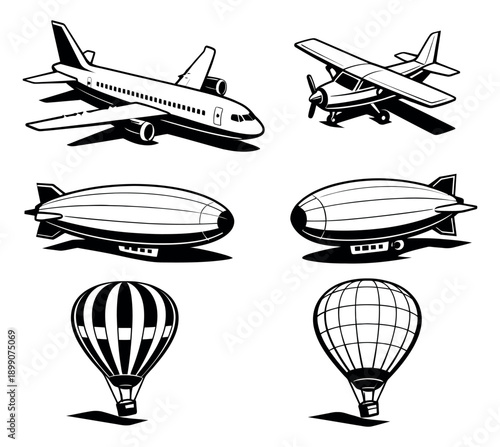 Line art air transport set featuring a passenger jet, propeller plane, blimps, and hot air balloons for travel and aviation concepts