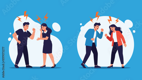 Two scenes of a man and a woman in a heated argument with lightning bolt symbols representing anger and conflict between the romantic partners.