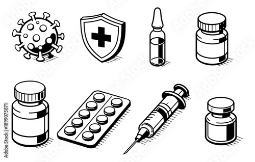 Isometric hand drawn line art medical icon set featuring a virus, shield, syringe, and medicine containers for healthcare and vaccination