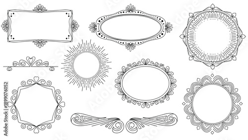 Collection of highly detailed and ornate black and white line art frames, borders, and decorative page ornaments for elegant design projects.