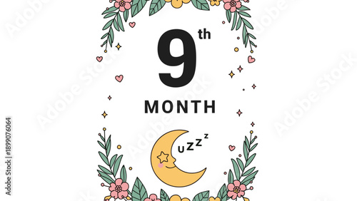 Beautiful milestone card for a nine month old baby featuring a floral wreath border and a sleeping crescent moon in a soft pastel design.