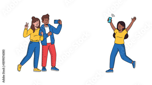 Diverse group of people using their smartphones for video calling, taking photos, and social media connectivity in a clean minimalist scene.