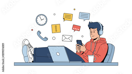 Young man multitasking in a modern workspace using a laptop, smartphone, and headphones while surrounded by various communication and time icons.