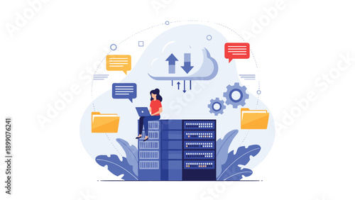 Concept of cloud computing and data management with a woman working on a laptop while sitting on a large server rack with various data icons.