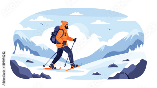 Man with a backpack and trekking poles snowshoeing through a snowy mountain landscape under a light blue sky with white clouds and rocks.