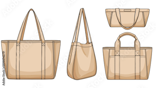 Set of beige canvas tote bags with different handles and pocket details shown from various angles in a clean line art illustration style.