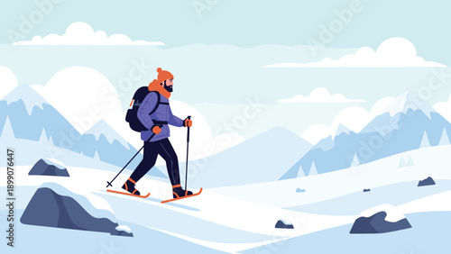 Man dressed in winter gear snowshoeing across a snowy slope with mountains and clouds in the background on a bright clear day.