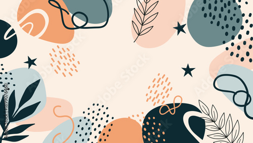 Artistic abstract background with colorful organic shapes leaves stars and dots in soft pastel tones for creative web and print designs.