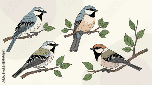 Set of four small songbirds perched on leafy tree branches in a natural and artistic wildlife scene on a clean beige background.