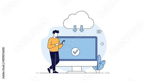 Man using a smartphone next to a large computer screen showing a checkmark and a cloud icon representing successful data backup or download.