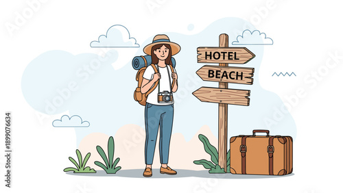 Young female traveler with a backpack and camera standing by wooden directional signs pointing to a hotel and beach on a sunny day.