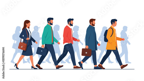 Group of professional men and women walking with briefcases and backpacks through a busy city with silhouettes of people in the background.