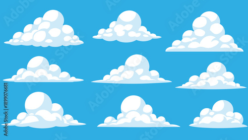Collection of nine different white fluffy cartoon clouds in various shapes and sizes on a clear bright blue sky background for weather designs.