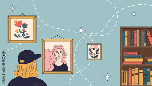 Person with blonde hair and a cap looking at framed pictures of flowers and a woman on a wall next to a bookshelf in a cozy room.