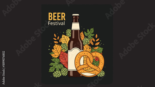 Beer festival poster design with a brown beer bottle, a salted pretzel, and colorful autumn leaves on a dark background.