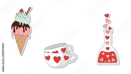 Cute sticker set including a double scoop ice cream cone, teacups with hearts, and a science flask filled with floating hearts.