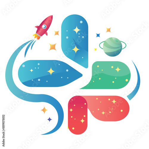 Creative space exploration concept with rocket, planet, and colorful abstract shapes.eps