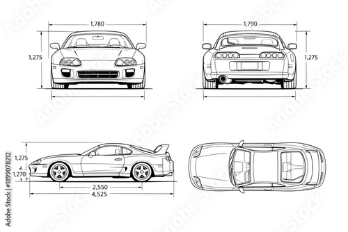 Technical blueprint of a high performance Japanese nineties sports car from multiple views