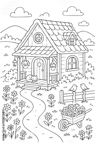 A magical vector scene features a small artistic house nestled in a forest, blending fairytale wonder, creativity, and nature into a charming and imaginative illustration.