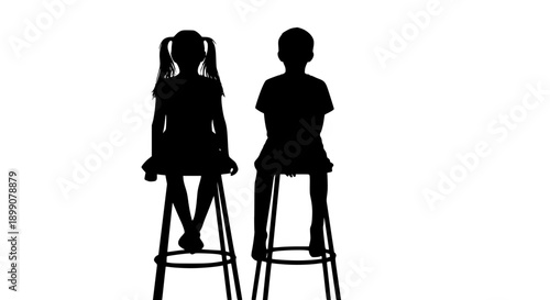 Two children sitting on stools in a simple black silhouette