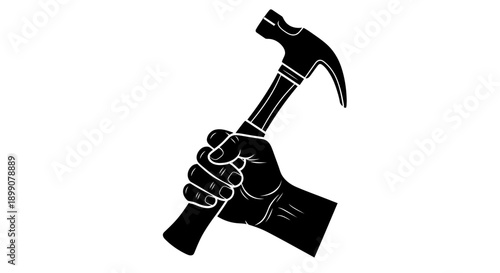 A strong hand firmly grips a classic claw hammer, ready for construction or repair work, depicted as a bold black silhouette.