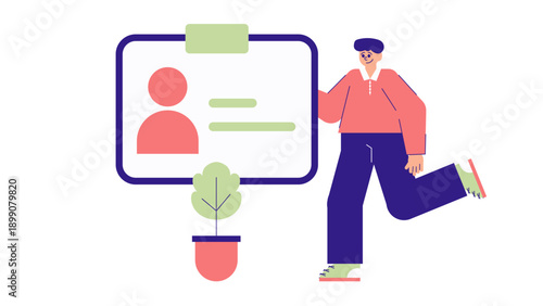 A man standing next to a large identification card representing professional business ID and identity