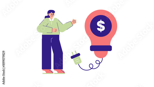 A woman standing next to a lightbulb with a dollar sign representing a profitable business idea