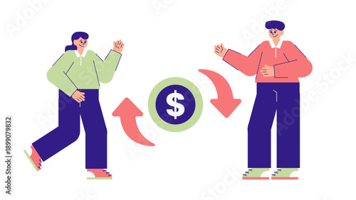 A man and a woman conducting a transaction with a dollar coin and arrows symbolizing business trade