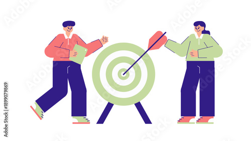 Two people working together to hit a bullseye on a large target representing business goals