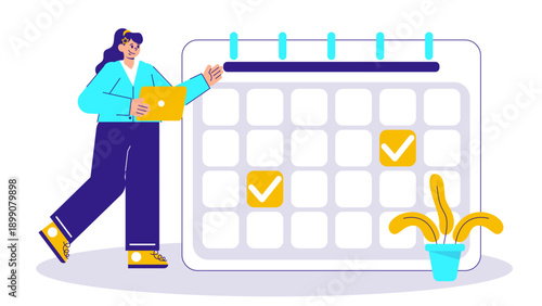 A young woman holding a laptop and standing next to a large calendar with checkmarks for business scheduling