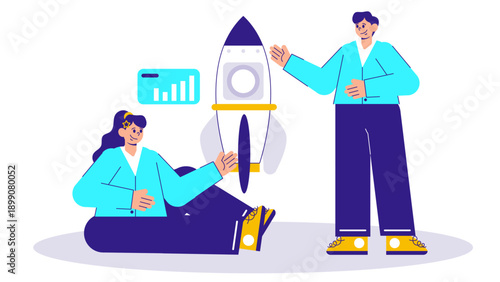 Entrepreneurial team launching a new project symbolized by a rocket