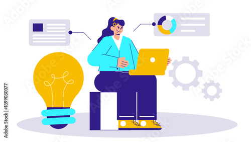 A businesswoman working on a laptop with a large lightbulb and data charts representing a new business concept