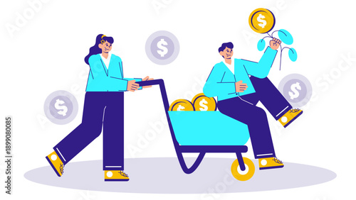 Team pushing a cart full of money symbolizing financial prosperity