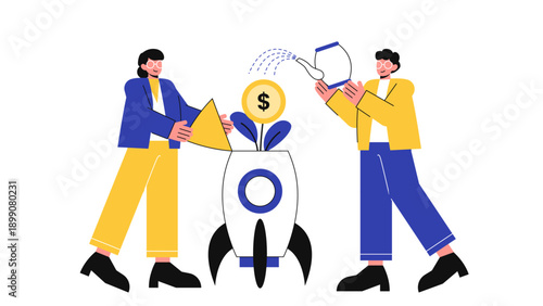 Two people watering a rocket plant with money to symbolize investment