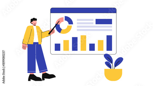 Male presenter explaining data and statistics using a visual dashboard