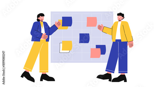 Diverse team brainstorming and collaborating with sticky notes on board