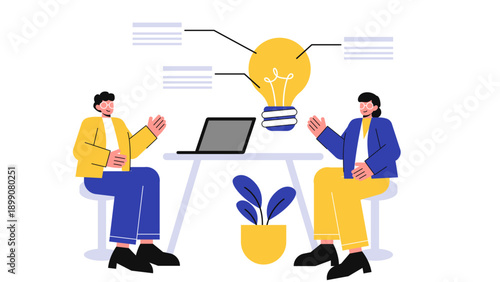 Two professional colleagues sitting at a table discussing creative ideas represented by a large light bulb with callout boxes