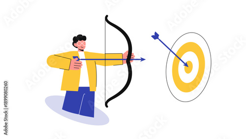 A man aiming a bow and arrow at a yellow target representing focus and achieving business objectives