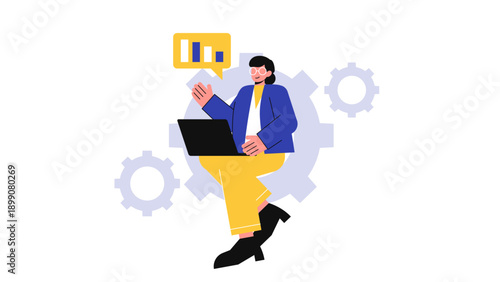 A woman sitting with a laptop in front of large gears and data icons performing technical analysis