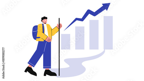 A businessman standing next to an upward trending bar graph and arrow symbolizing progress and growth
