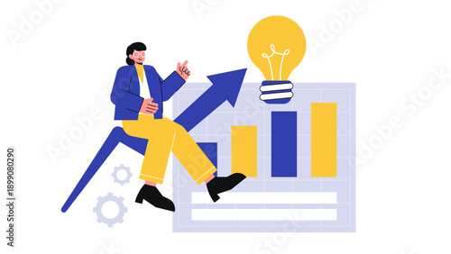 A woman sitting on a rising arrow next to bar charts and a light bulb suggesting growth strategies