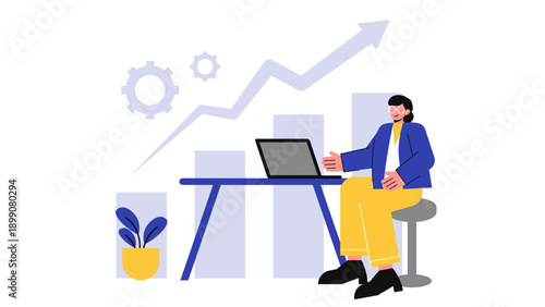 A female professional sitting at a desk with a laptop analyzing a large upward trending graph behind her