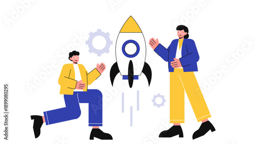 A male and female professional launching a rocket ship symbolizing the start of a new business venture