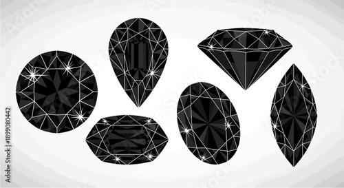 A collection of six sparkling black diamonds in various cuts and shapes, including round, pear, oval, and marquise, against a light background.