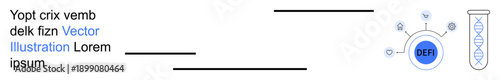 Finance, decentralization, blockchain, innovation, biotechnology, scientific research. Circular DEF network icon linked to nodes and a DNA test tube. Finance and decentralization concept