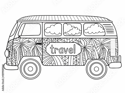 Detailed illustration of a vintage van with tropical floral and travel themes
