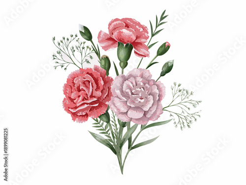 Watercolor illustration of a delicate bouquet featuring pink and mauve carnations