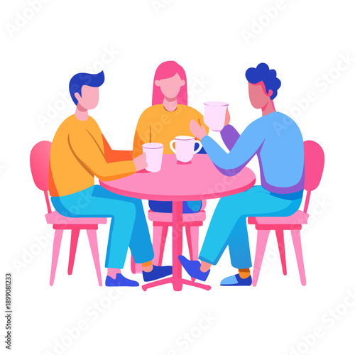 Group of friends sitting at the table talking, drinking coffee and tea, tiny people. Friends meeting, cheer up friend, friendship support concept. Pinkish coral bluevector isolated illustration See Le